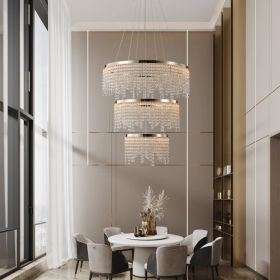 24-inch Crystal Chandelier LED Ceiling Lamp, Adjustable Color Temperature 3000K 4000K 6000K, Height Adjustable, Luxury Round Chandelier, Suitable (Option: Chrome)